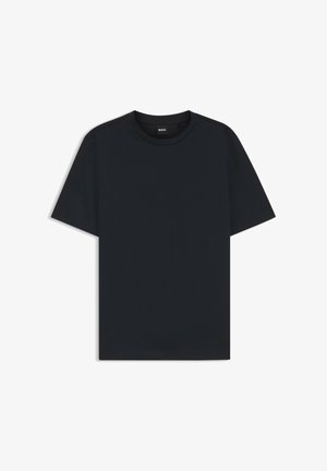 Maglietta nera a maniche corte con scollo rotondo e piccolo logo "BOSS" all'interno del colletto, distesa su uno sfondo bianco.