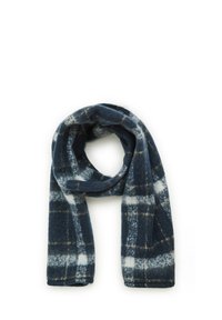 Granatowo-biała szalik w kratę wykonany z miękkiego, teksturowanego materiału. Posiada wzór w kratkę z frędzlami na krawędziach dla dodatkowego efektu.