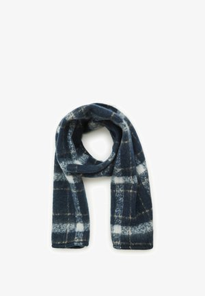 Granatowo-biała szalik w kratę wykonany z miękkiego, teksturowanego materiału. Posiada wzór w kratkę z frędzlami na krawędziach dla dodatkowego efektu.