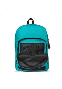 Teal ryggsäck med ett stort huvudfack, svart innerfack med mesh och dragkedjor, samt ett handtag för bärande på toppen. Slät tygkänsla.