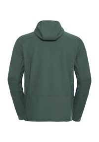 Grüne, strukturierte Kapuzenjacke mit langen Ärmeln, die ein glattes Paneel am unteren Rücken und eine anliegende Passform an den Schultern aufweist.