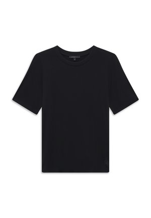 Black short-sleeve crew neck T-shirt with a small logo near the bottom hem, size small.