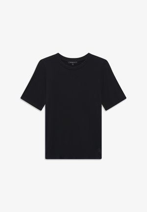 Schwarzes T-Shirt mit kurzem Arm und Rundhalsausschnitt, kleines Logo am unteren Saum, Größe Small.