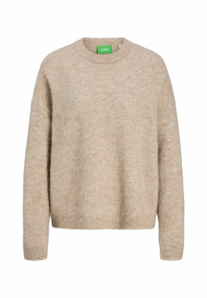 Bežna pletena pulover s okroglim izrezom, rebrastimi manšetami in robom. Mehka tekstura in ohlapen kroj. Zeleno označevanje vidno na vratu.