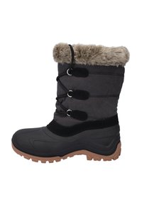 Bottes d'hiver noires imperméables avec une bordure en fausse fourrure, semelle en caoutchouc texturé et système de lacets élastiques. Dispose d'une tige rembourrée pour l'isolation.
