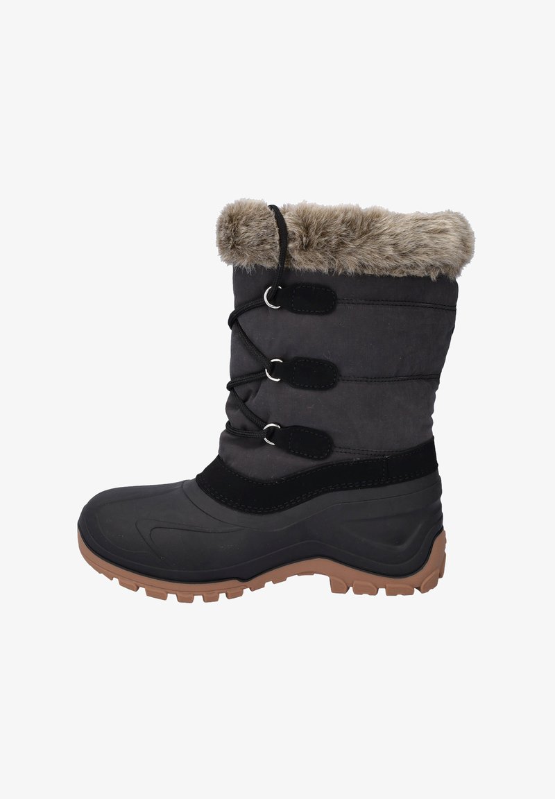 Schwarzer wasserdichter Winterstiefel mit Kunstfellbesatz, strukturierter Gummi-Sohle und elastischem Schnürsystem. Verfügt über ein gepolstertes Oberteil zur Isolierung.