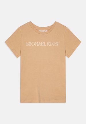Bežové bavlnené tričko s krátkymi rukávmi a okrúhlym výstrihom. Na prednej strane sa nachádza biele textové logo "MICHAEL KORS". Hladký materiál.