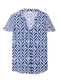 Short-sleeve blouse featuring a blue and white ikat pattern, with a V-neck and loose-fitting design in a lightweight fabric.