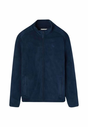 Chaqueta de forro polar azul marino con cremallera completa, mangas largas y dos bolsillos delanteros, mostrada sobre un fondo blanco liso.