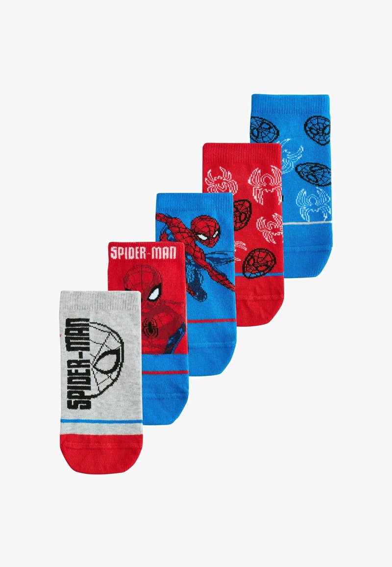 Cinq paires de chaussettes colorées pour enfants, présentant des visages de Spider-Man, des logos et des motifs de toiles d'araignée en rouge, bleu, gris et noir.