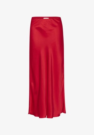 Piros selymes maxi szoknya sima textúrával, rugalmas derékrésszel és egyenes sziluettel, finom redőzéssel.