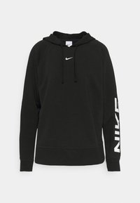 Czarna bluza Nike z kapturem ze ściągaczem, z białym logo na piersiach i dużym białym napisem na rękawie. Miękka tkanina, luźny krój.