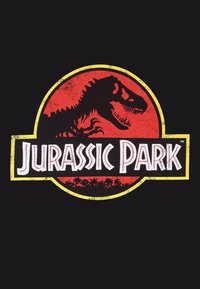 Černé pozadí s kruhovým logem, které zobrazuje siluetu T-Rexe v červené barvě. Text "Jurassic Park" v bílé s opotřebovaným vzhledem; žlutý lem.