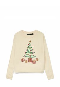 Pull crème à manches longues avec un motif d'arbre de Noël en sequins, rehaussé de cadeaux de différentes couleurs à la base.