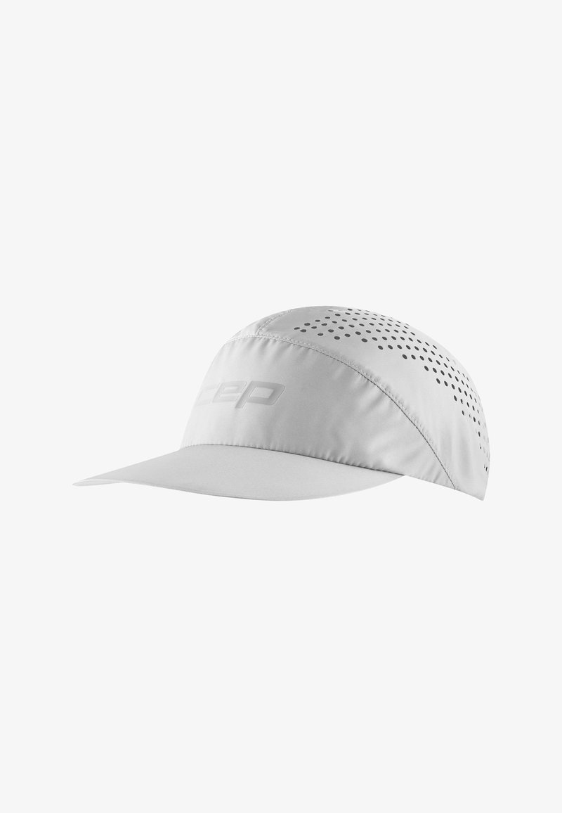 Light gray running cap with a perforated design, curved brim, and logo detail on the front. Made from lightweight, breathable material.