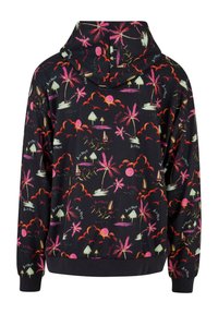 Hooded sweatshirt in black fabric featuring a tropical print with palm trees, clouds, and boats in pink, green, and white colors.