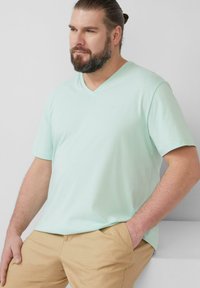 Licht muntgroene V-hals t-shirt van zachte stof, met korte mouwen en een subtiele logo-detail. Gecombineerd met beige broek voor een casual uitstraling.