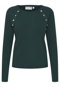 Maglione a coste di un verde scuro con maniche lunghe, scollatura rotonda e bottoni decorativi rotondi lungo la cucitura della spalla.