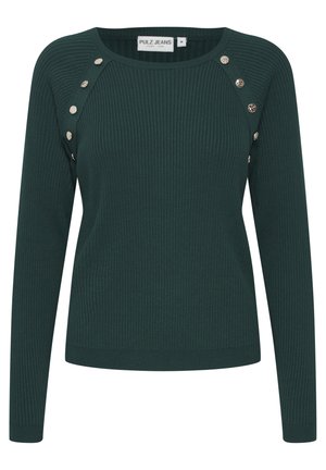 Maglione a coste di un verde scuro con maniche lunghe, scollatura rotonda e bottoni decorativi rotondi lungo la cucitura della spalla.