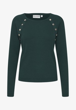 Pull en maille côtelée vert foncé avec des manches longues, un col rond et des boutons ronds décoratifs le long de la couture de l'épaule.