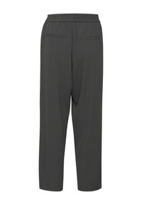 Pantalons extensibles légers gris foncé avec une taille élastique, comportant deux poches arrière et une coupe fuselée. Texture lisse.