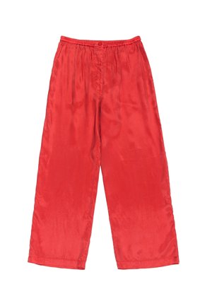 Red satin wide-leg pants with an elastic waistband and a simple button closure, featuring a smooth texture and minimal detailing.
