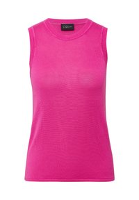 Dopasowany bezrękawnik w intensywnym różowym kolorze. Wykonany z prążkowanej dzianiny z okrągłym dekoltem i minimalnymi szwami, z metką na wewnętrznej stronie karku.