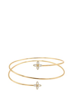 Bracelet rigide ouvert délicat en or avec deux grappes de diamants en forme de fleur à chaque extrémité, chacune comportant quatre pierres taillées en marquise.