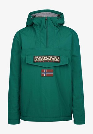 Giacca pullover verde con cappuccio, tasca frontale, patch con marchio e dettaglio con bandiera norvegese. Materiale liscio e leggero.