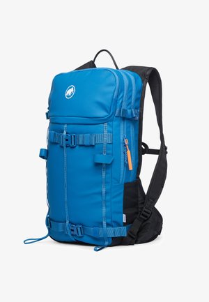 Blue backpack with a sturdy design, featuring multiple compartments, adjustable straps, black accents, and an orange zipper pull.