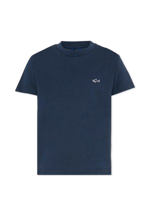 T-shirt in cotone blu navy a maniche corte con scollo rotondo e piccolo logo bianco a forma di squalo sul petto a sinistra.