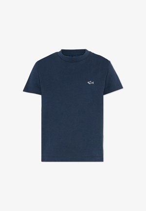 Granatowy krótki rękaw bawełniany T-shirt z okrągłym dekoltem i małym białym logo rekina na lewej piersi.