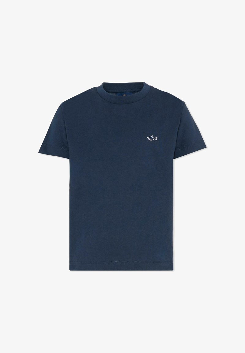 T-shirt in cotone blu navy a maniche corte con scollo rotondo e piccolo logo bianco a forma di squalo sul petto a sinistra.