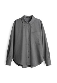 Gray long-sleeve button-up shirt with a point collar, featuring a chest pocket and a relaxed fit. Made of textured fabric.