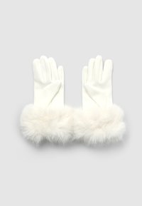 Gants blancs en matériau lisse avec un bord en fourrure blanche duveteuse. Les gants présentent une coupe ajustée et sont affichés à plat.