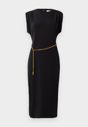 Black midi dress with short sleeves, round neckline, pleated detailing, and a gold chain belt accent, made of smooth fabric.