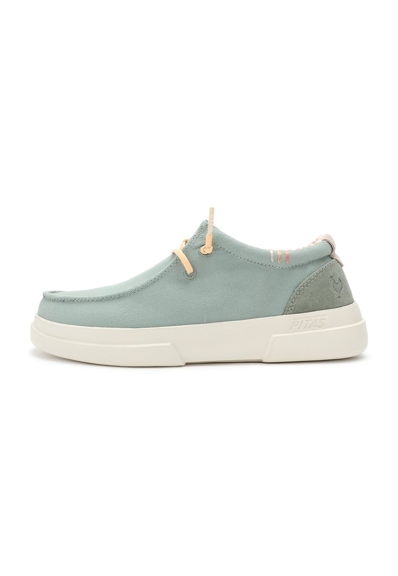 Light blue canvas slip-on shoes with a white rubber sole. Features tan straps and subtle detailing on the back heel. Smooth texture.