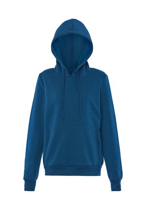 Blauwe hoodie met voorzak en trekkoorden, lange mouwen en geribde boorden en zoom, weergegeven op een witte achtergrond.