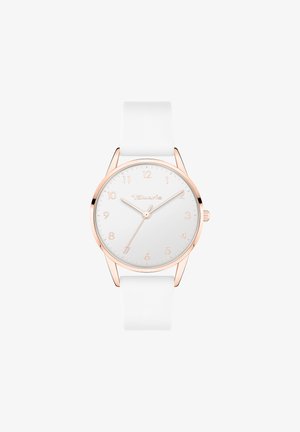 Montre avec un bracelet en silicone blanc, un cadran blanc lisse et des accents en or rose, présentant des marqueurs horaires simples et des aiguilles fines.