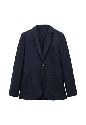 Mörkblå linnet blazer med notch-kåpa, enfaldig knappstängning, två framfickor och en bröstficka. Slät textur och skräddarsydd design.