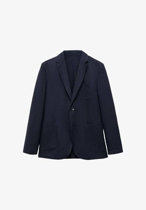 Jadransko modra lanena blazer jakna z razrezanim ovratnikom, enojnim gumbom, dvema sprednjima žepoma in žepom na prsih. Gladka tekstura in prilagojen dizajn.