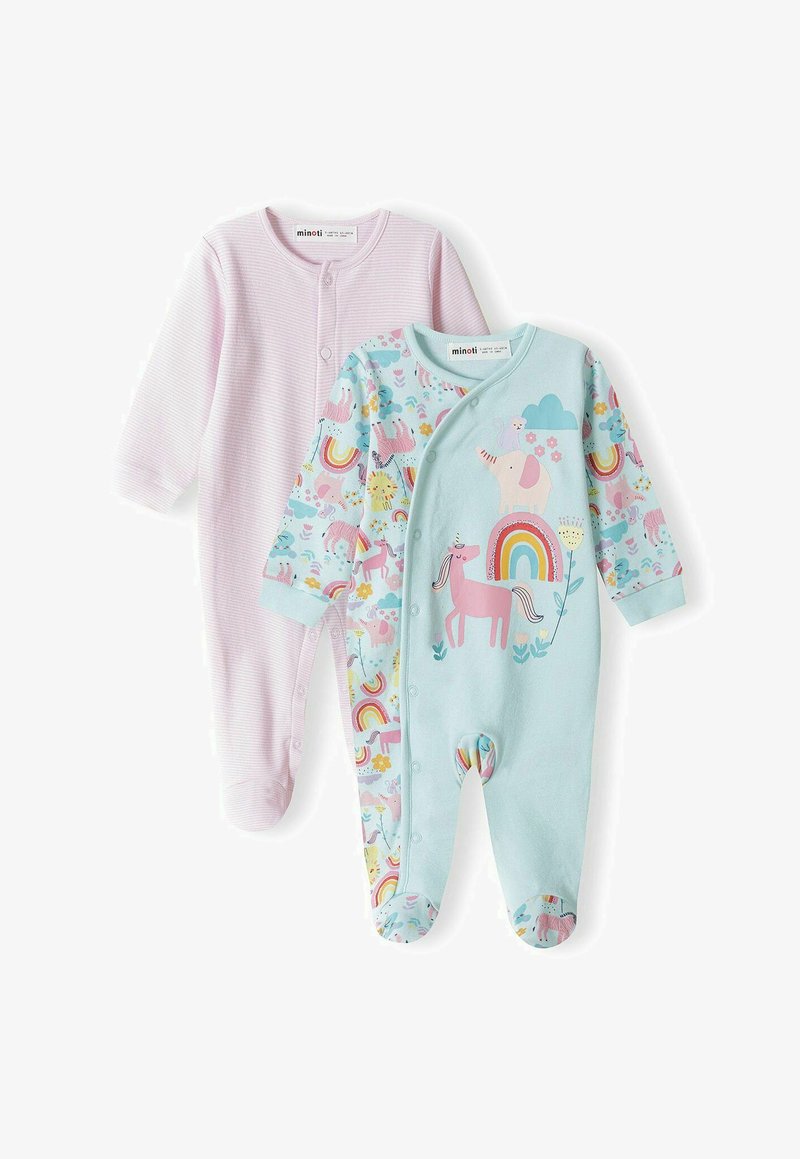 Dva detské kombinézy: jedna svetloružová s jemnými prúžkami, druhá akvamarínová s farebnými potlačami zvierat a dúhy. Obe majú zapínanie na cvoky.