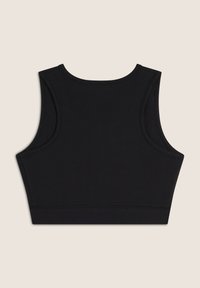 Top corto negro sin mangas con escote redondeado, amplias sisas y tela suave. Presenta una textura lisa y costuras limpias.