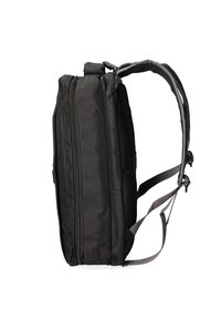 Zaino nero realizzato in tessuto resistente, dotato di due scomparti con cerniera, spallacci grigi regolabili e una tasca laterale per ulteriore spazio di stoccaggio.