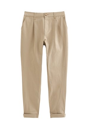Pantalones beige de corte recto con presillas para cinturón, bolsillos laterales, cierre de botones, bragueta con cremallera y dobladillos con puño.