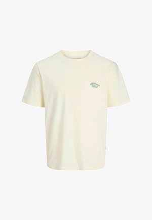 Jasnożółta koszulka z krótkim rękawem z zielonym napisem, w połączeniu z dużymi ciemnobrązowymi spodniami i beżowymi butami wsuwanymi. Prosty i casualowy design.