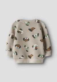 Felpa beige lavorata a maglia con motivo di vari volti di cani e zampe in toni attenuati, con scollo rotondo e maniche lunghe.