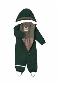 Combineu impermeabil verde cu căptușeală din fleece bej, închidere cu fermoar, manșete elastice și bandă reflectorizantă pe picioare. Include o glugă asortată.