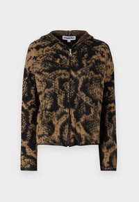 Sudadera con cremallera en marrón y negro, con un estampado de leopardo, que presenta una tela de punto texturizada y una capucha.