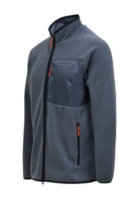 Grey fleece jacket with high collar, black chest pocket, side pockets, orange zipper pulls, and black trim on front zipper and edges.
